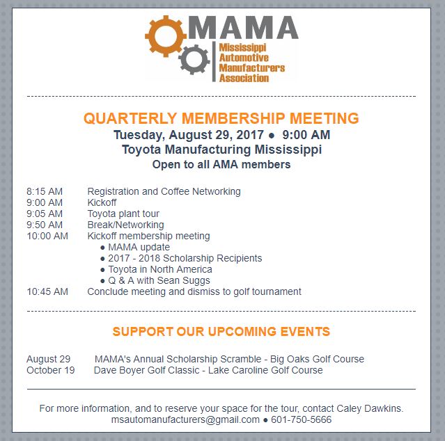 MAMA Quarterly Membership Meeting August 29, 2017 9:00AM at Toyota Manufacturing