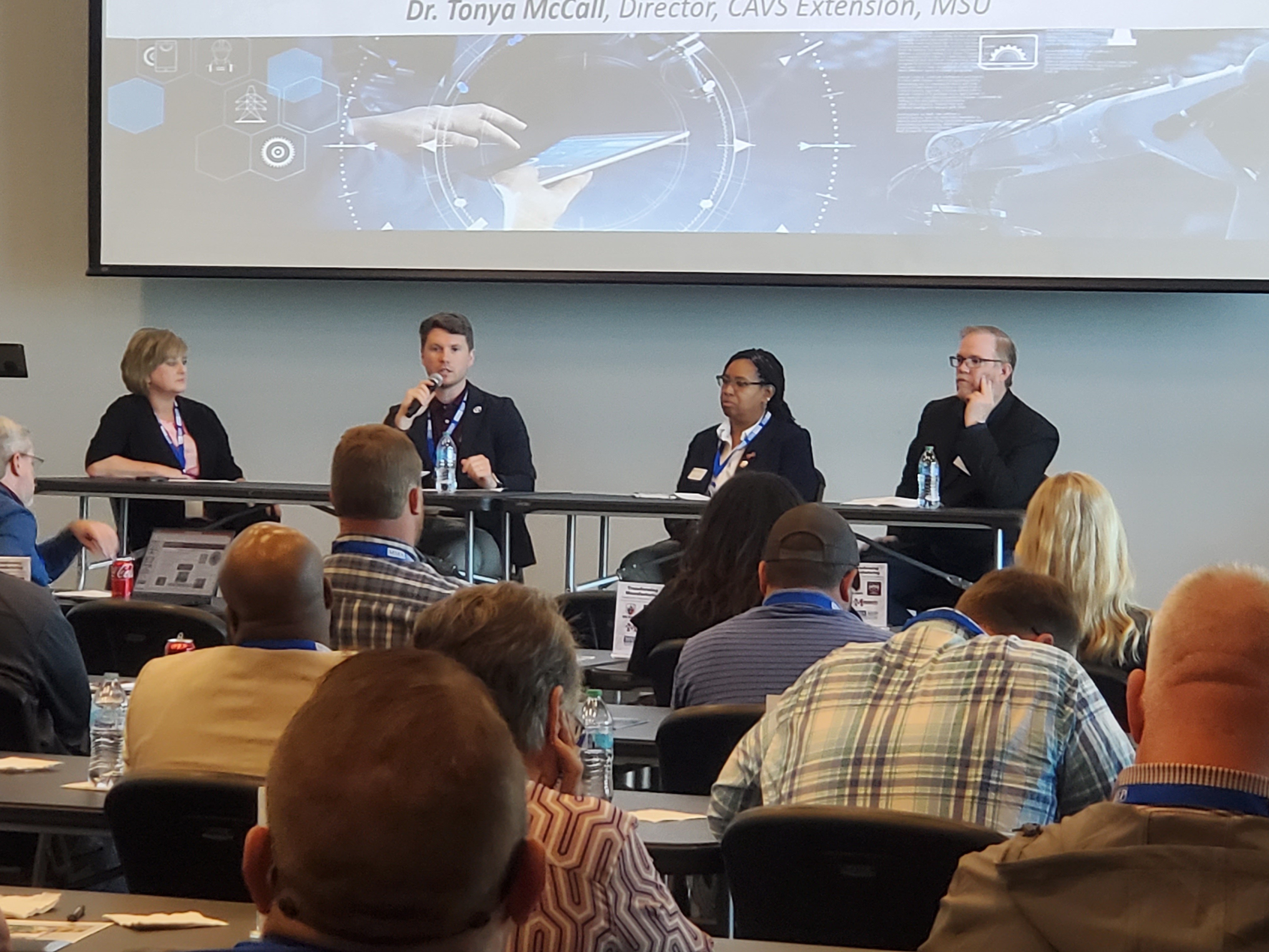 Collaborative Training Programs to Meet Industry Needs panel discussion with (from left to right) Sandy Crist (MMA-MEP), Carver Middleton (MSU AEI),Dr. Tonya McCall (MSU CAVSE), RAy Hollisand (EMCC)